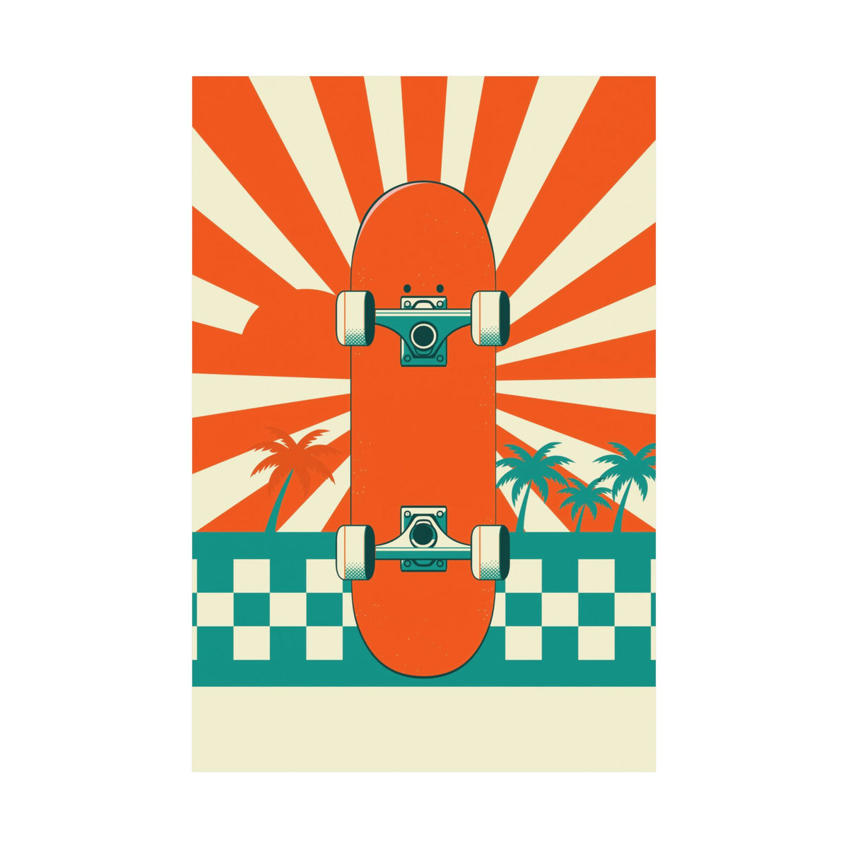 Skateboard Poster - Retro Sunburst and Palms Wall Art Print