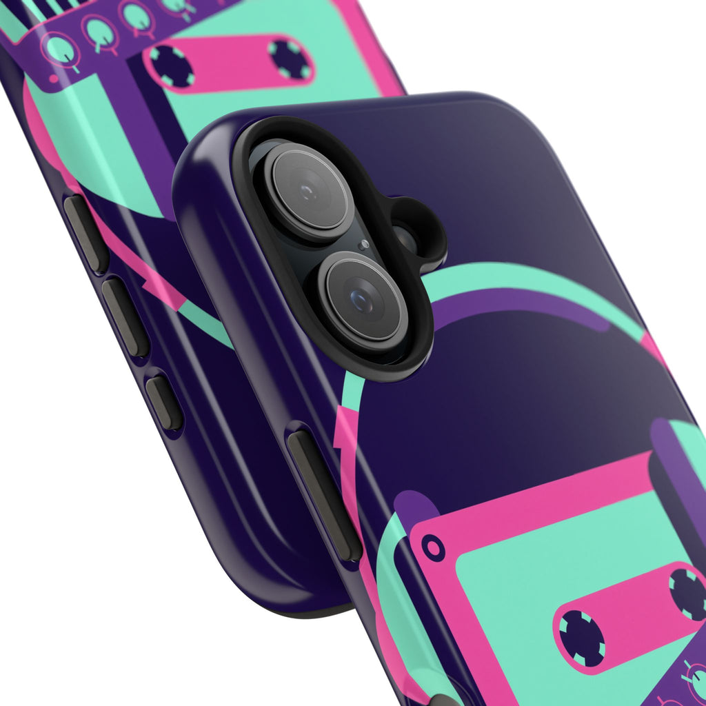 Retro Cassette Phone Case - Neon Headphones and Synth Design