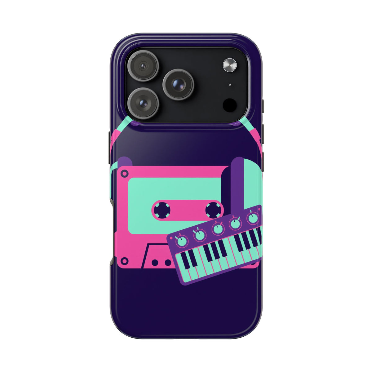 Retro Cassette Phone Case - Neon Headphones and Synth Design