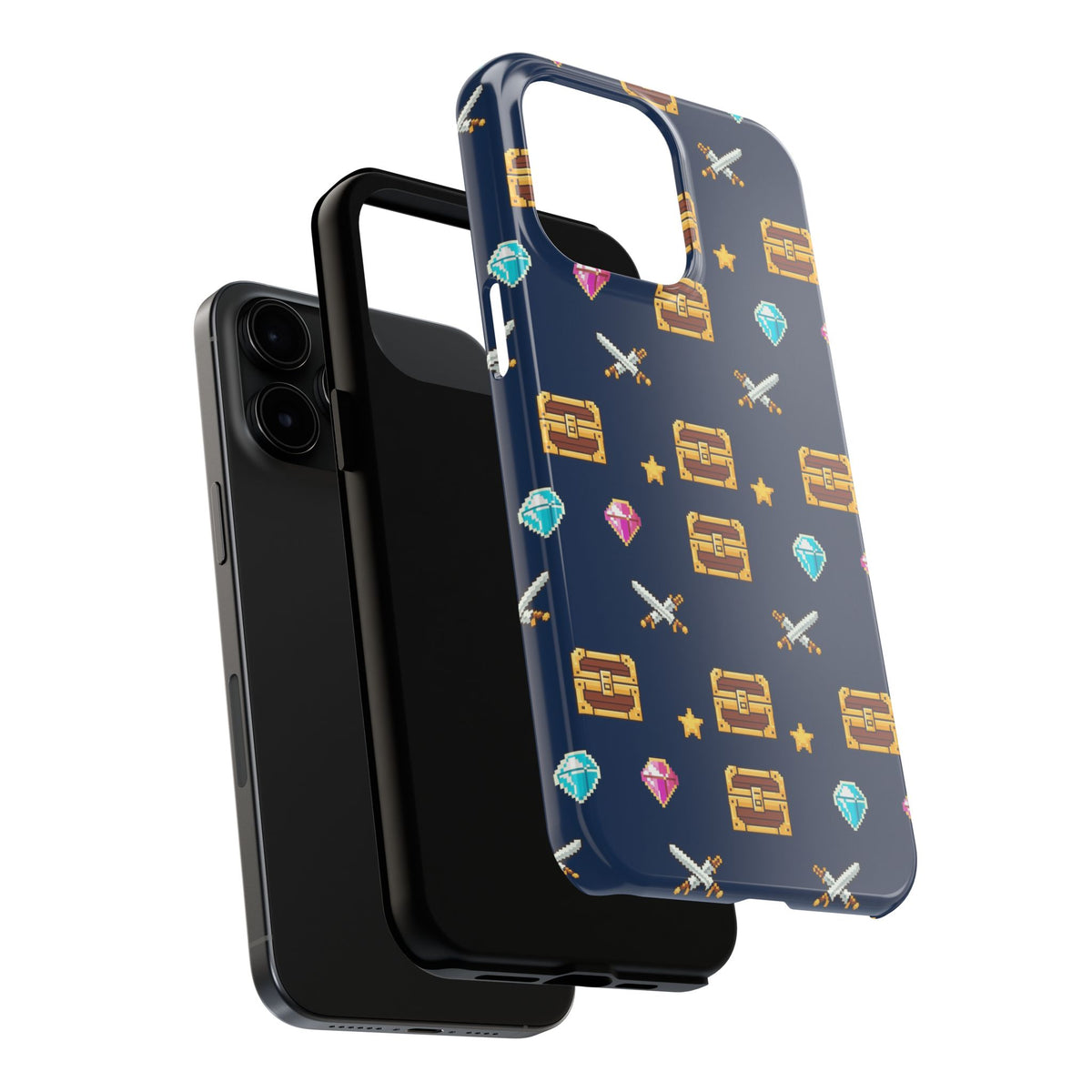 Tough phone case with a pixel art pattern of treasure chests, gems, potions and swords on navy - view 26