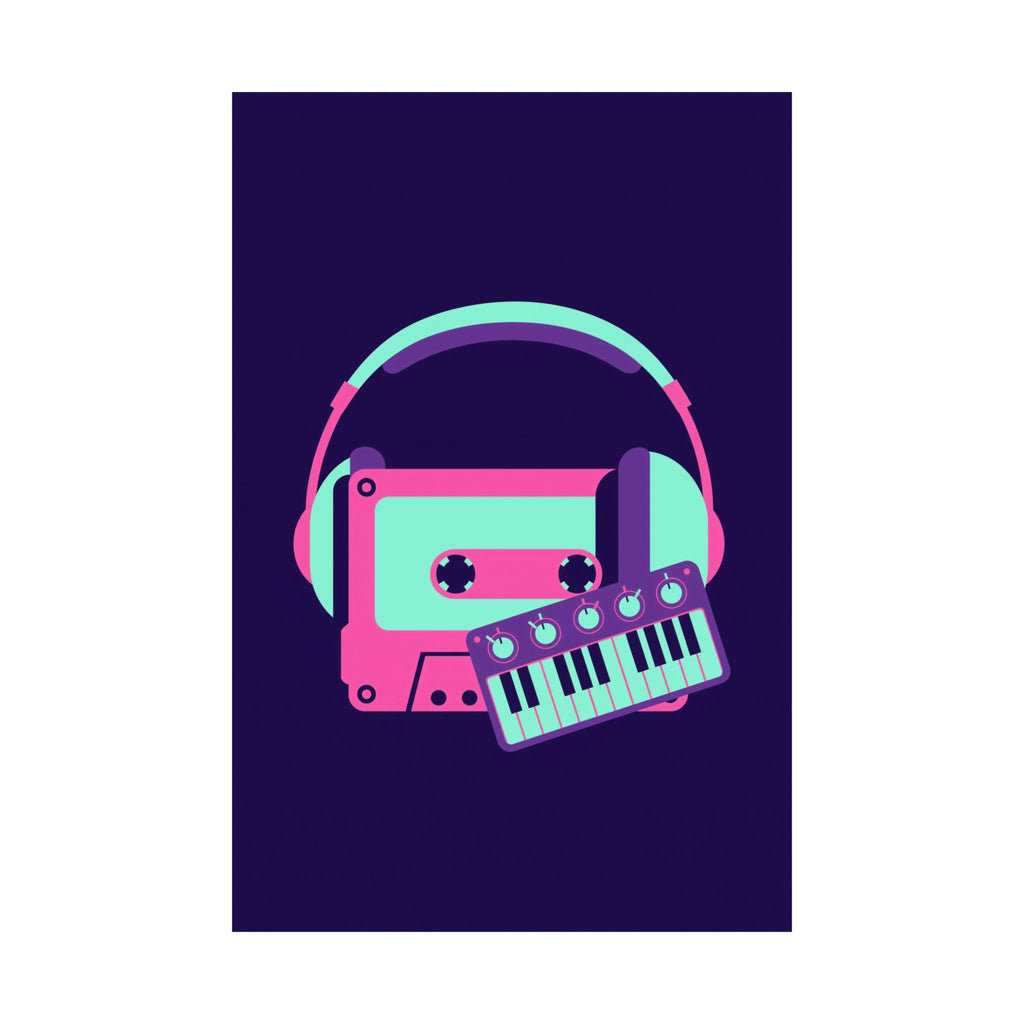 Retro Cassette Poster - Neon Headphones and Synth Wall Art