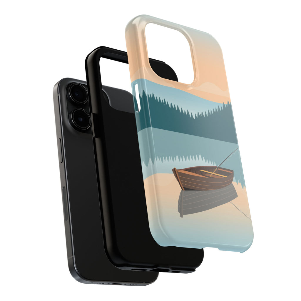 Fishing Phone Case - Misty Lake Rowboat at Dawn, Minimalist