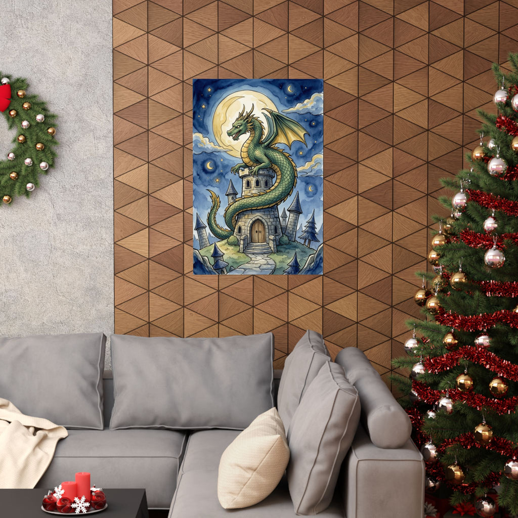 Fantasy Dragon Poster - Wizard Tower Ink and Watercolor Art