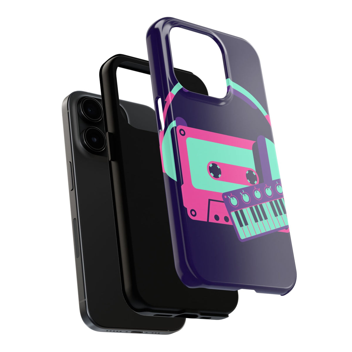Retro Cassette Phone Case - Neon Headphones and Synth Design