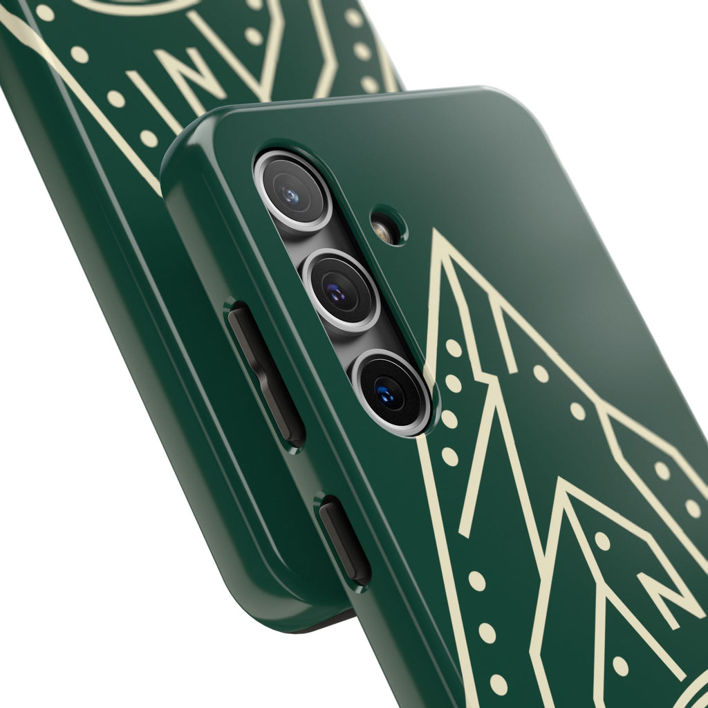 Tough phone case with cream line art of a mountain route, coiled rope and carabiner on forest green - view 27