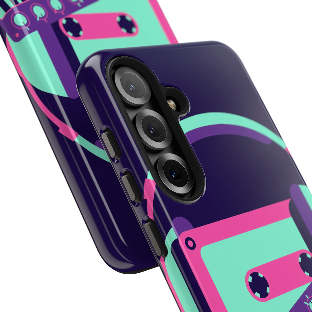 Retro Cassette Phone Case - Neon Headphones and Synth Design