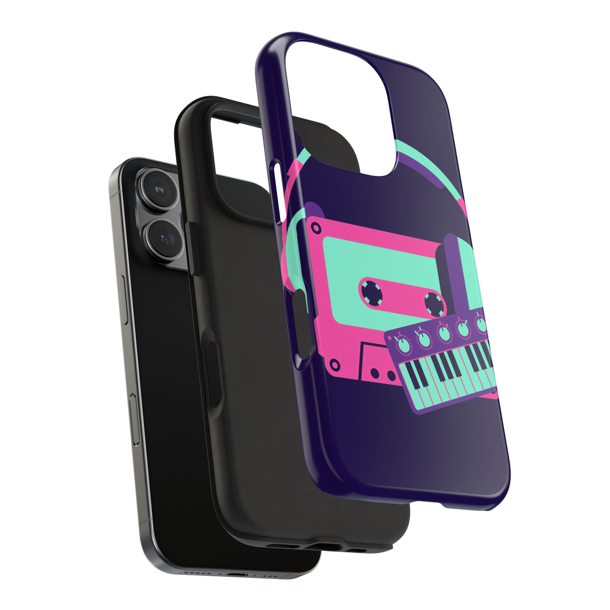 Retro Cassette Phone Case - Neon Headphones and Synth Design