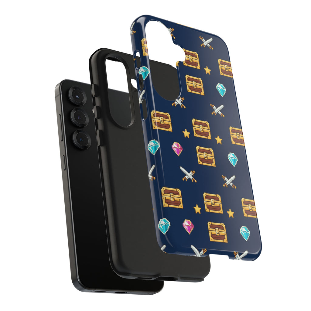 Tough phone case with a pixel art pattern of treasure chests, gems, potions and swords on navy - view 39