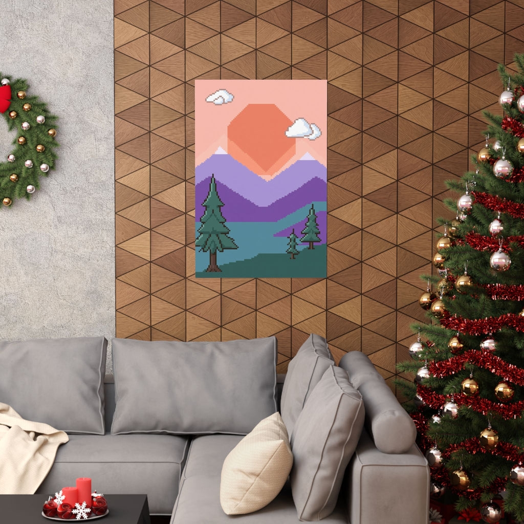 Pixel Art Poster - Retro 16-Bit Mountain Sunset Wall Art