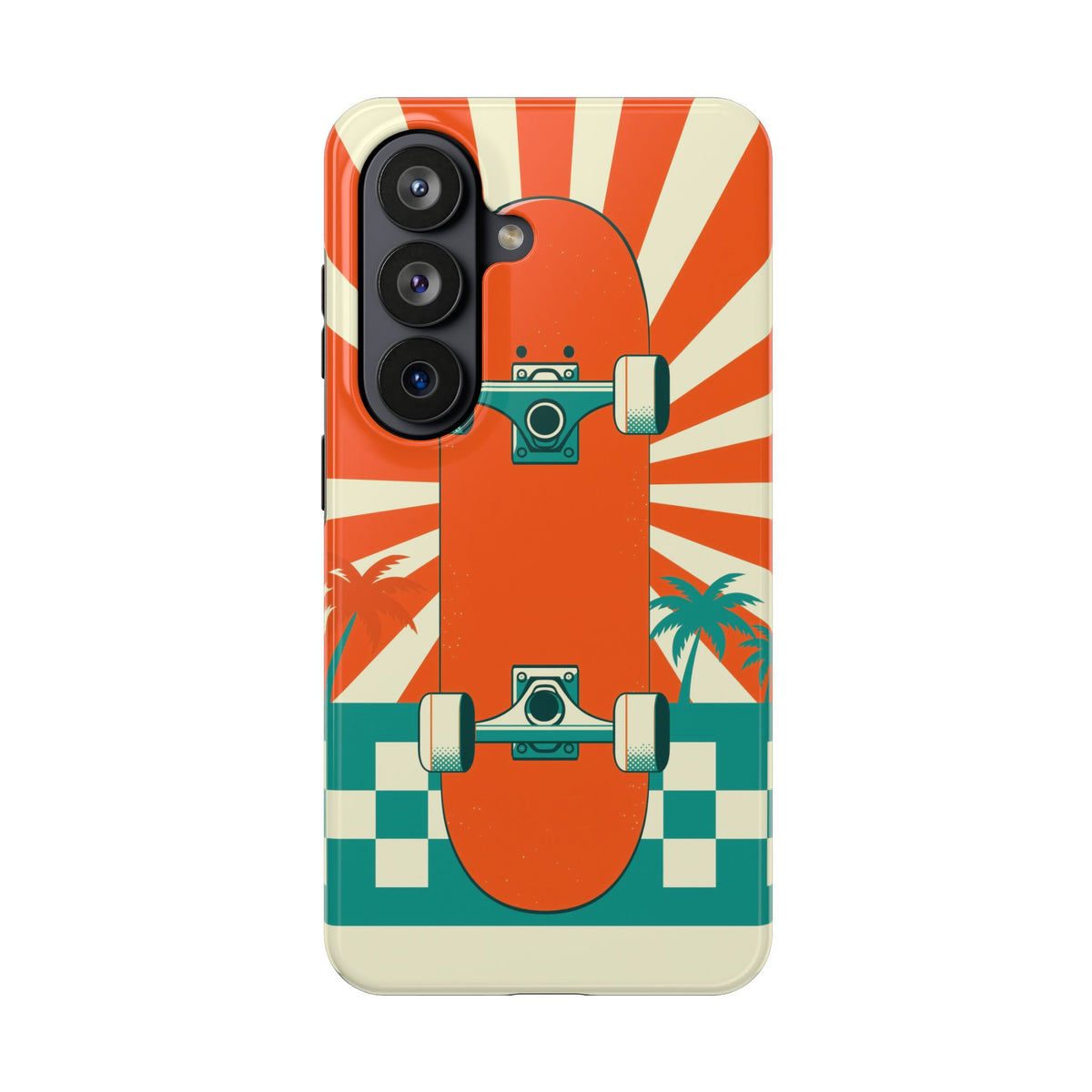 Skateboard Phone Case - Retro Sunburst, Palms and Checkerboard