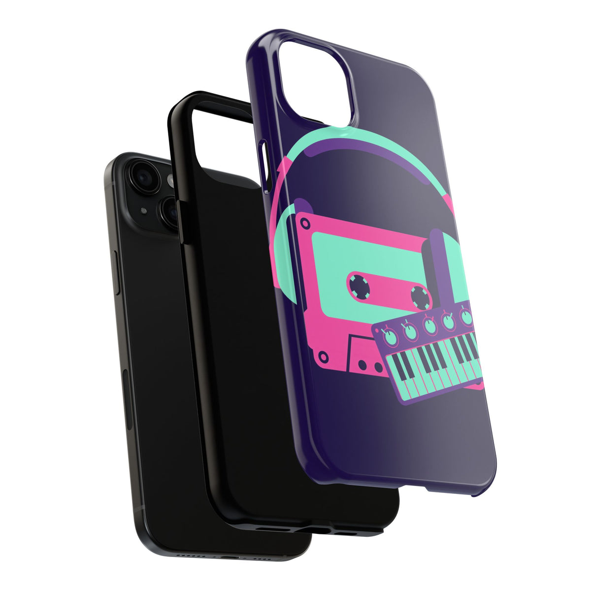 Retro Cassette Phone Case - Neon Headphones and Synth Design