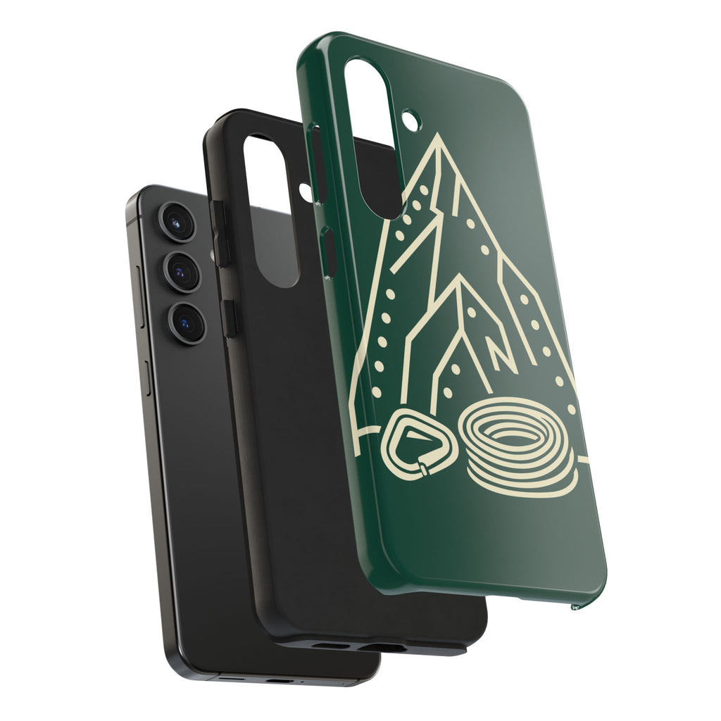 Tough phone case with cream line art of a mountain route, coiled rope and carabiner on forest green - view 29