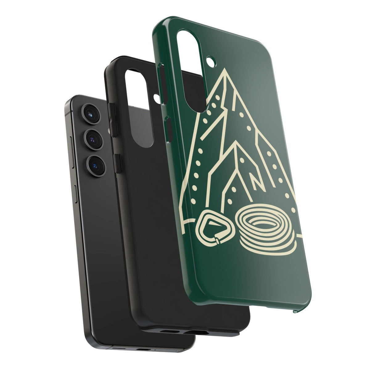 Tough phone case with cream line art of a mountain route, coiled rope and carabiner on forest green - view 29
