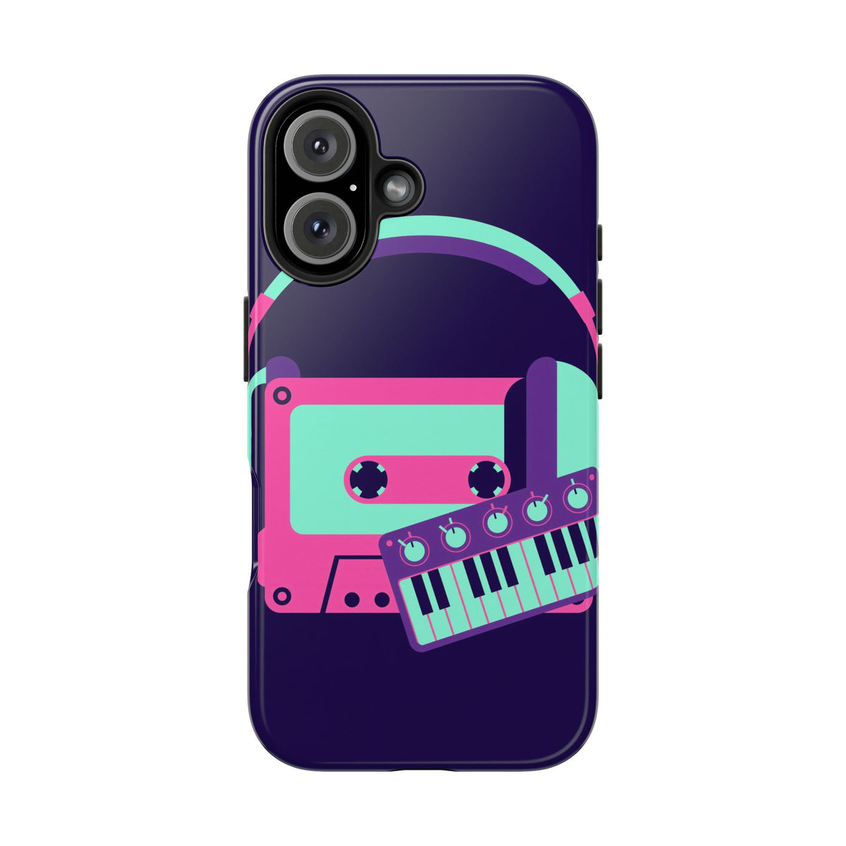 Retro Cassette Phone Case - Neon Headphones and Synth Design