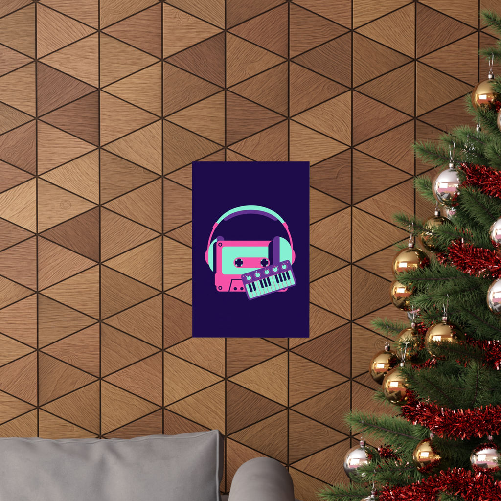 Retro Cassette Poster - Neon Headphones and Synth Wall Art