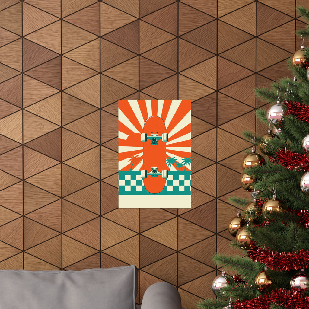 Skateboard Poster - Retro Sunburst and Palms Wall Art Print