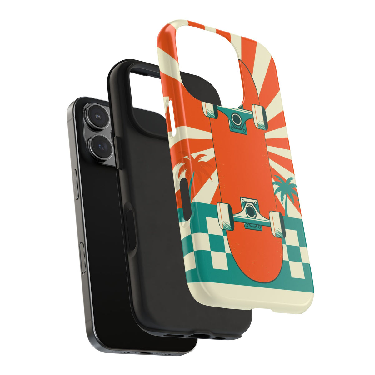 Skateboard Phone Case - Retro Sunburst, Palms and Checkerboard