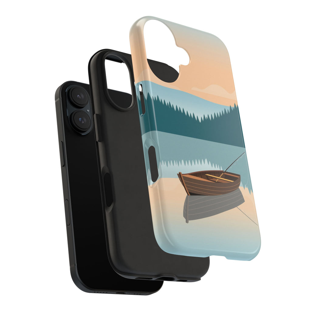 Fishing Phone Case - Misty Lake Rowboat at Dawn, Minimalist