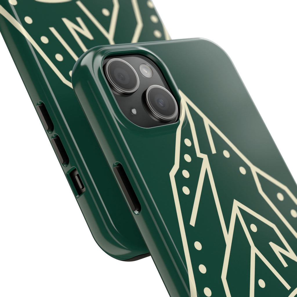 Tough phone case with cream line art of a mountain route, coiled rope and carabiner on forest green - view 21