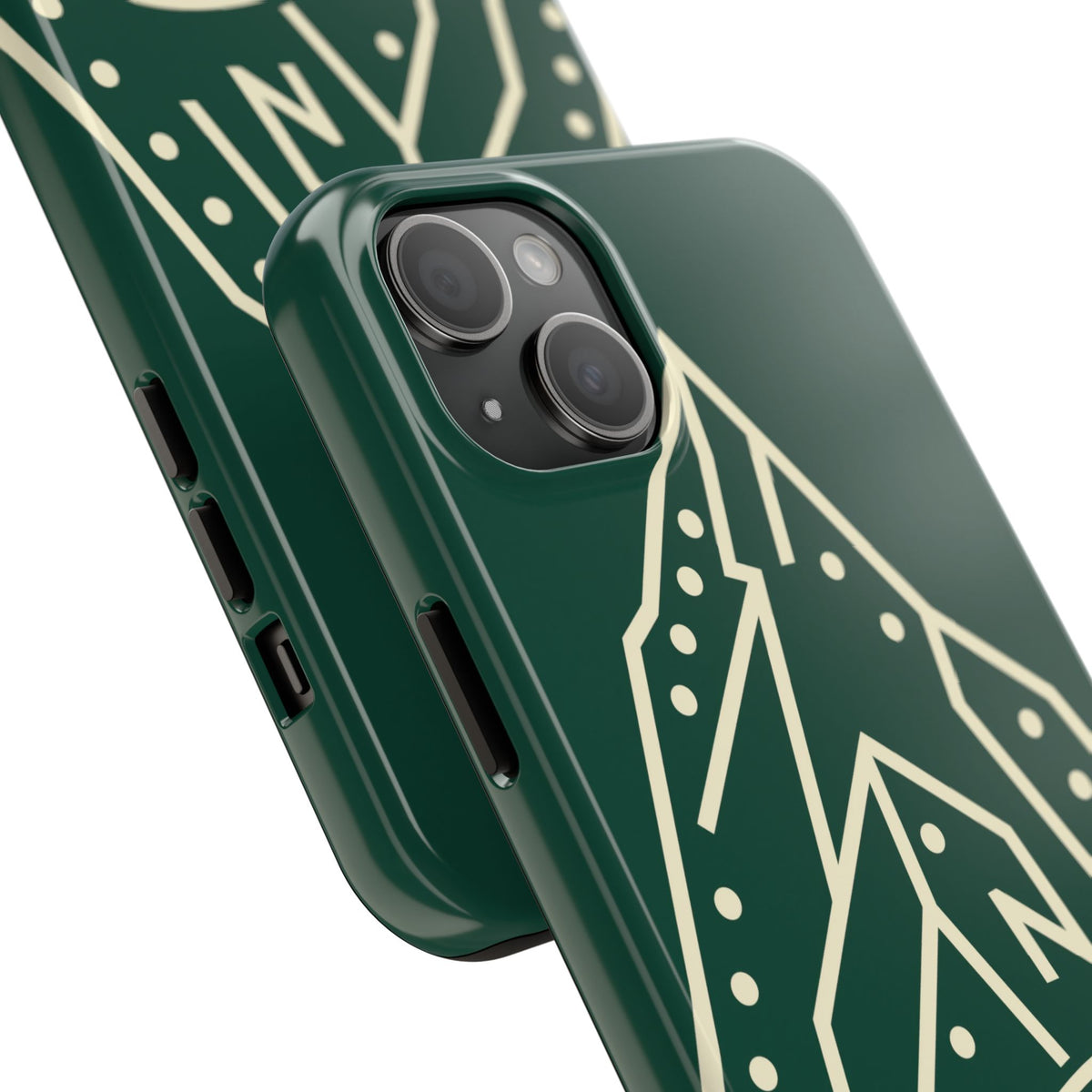 Tough phone case with cream line art of a mountain route, coiled rope and carabiner on forest green - view 21