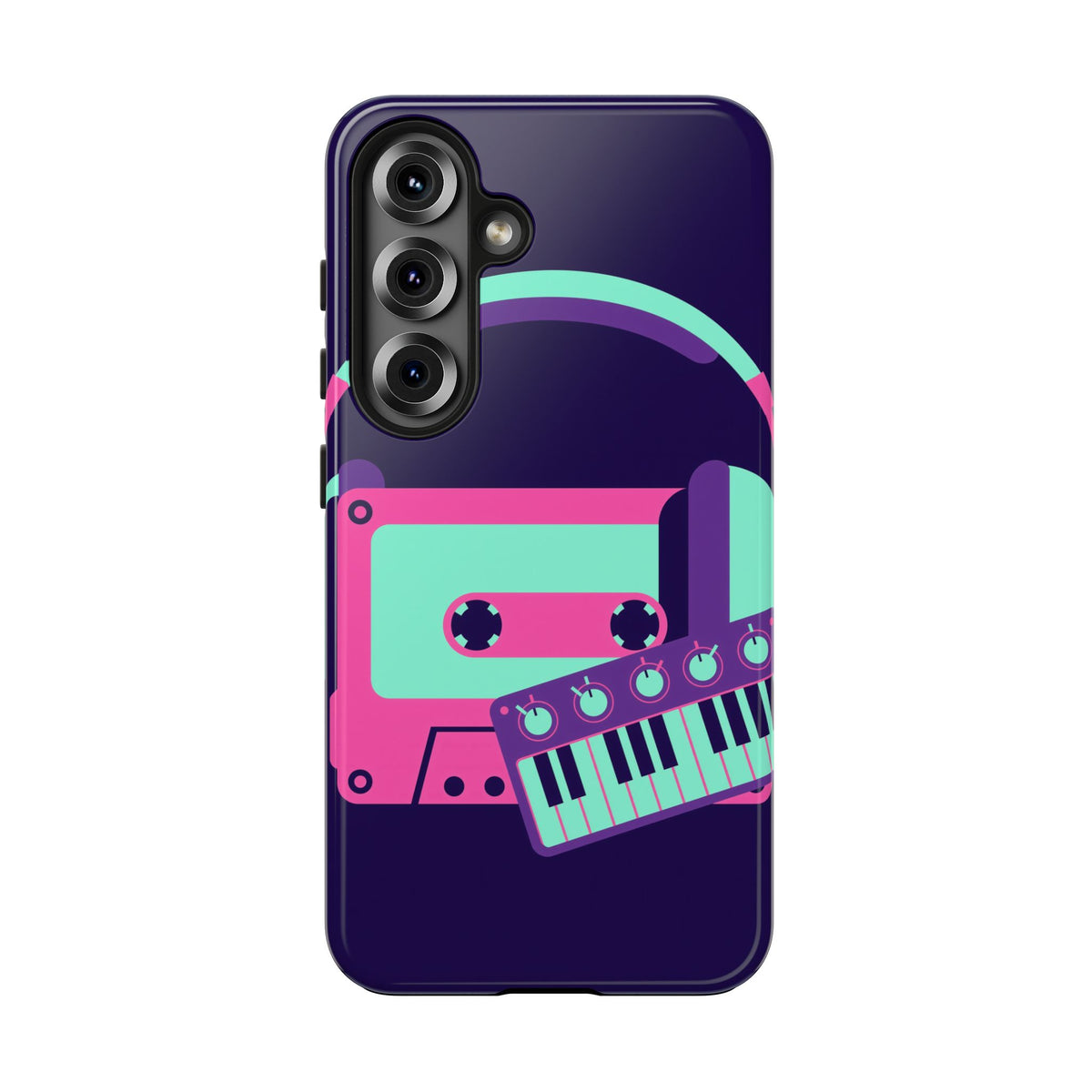 Retro Cassette Phone Case - Neon Headphones and Synth Design