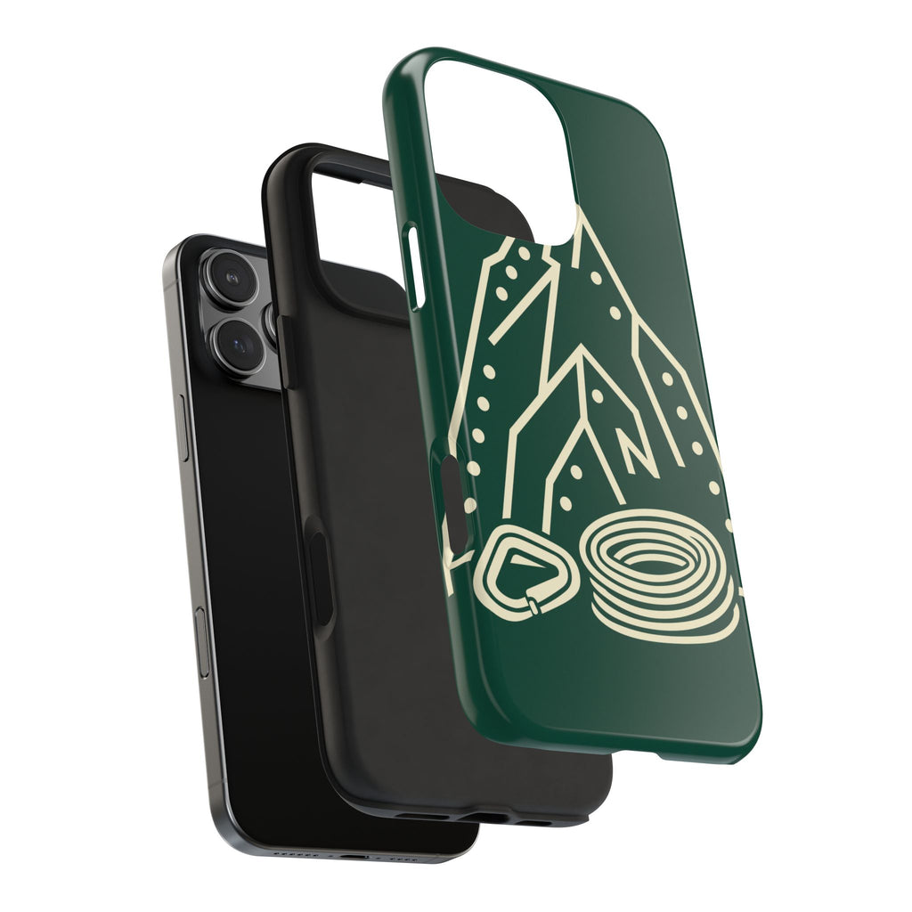 Tough phone case with cream line art of a mountain route, coiled rope and carabiner on forest green - view 33