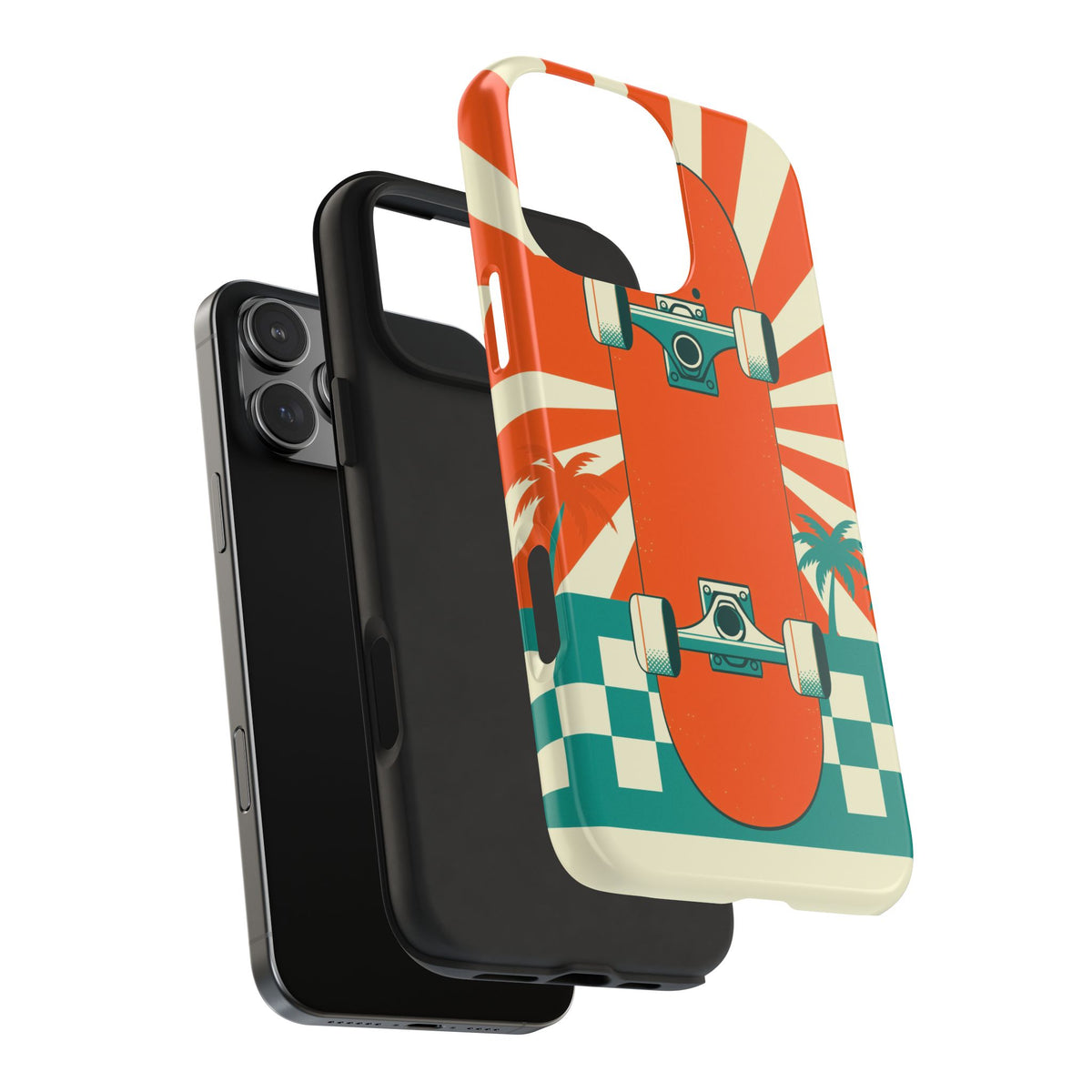 Skateboard Phone Case - Retro Sunburst, Palms and Checkerboard