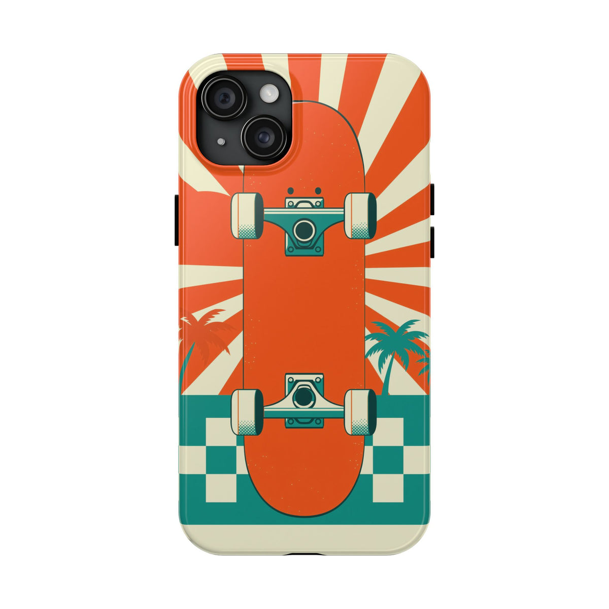 Skateboard Phone Case - Retro Sunburst, Palms and Checkerboard