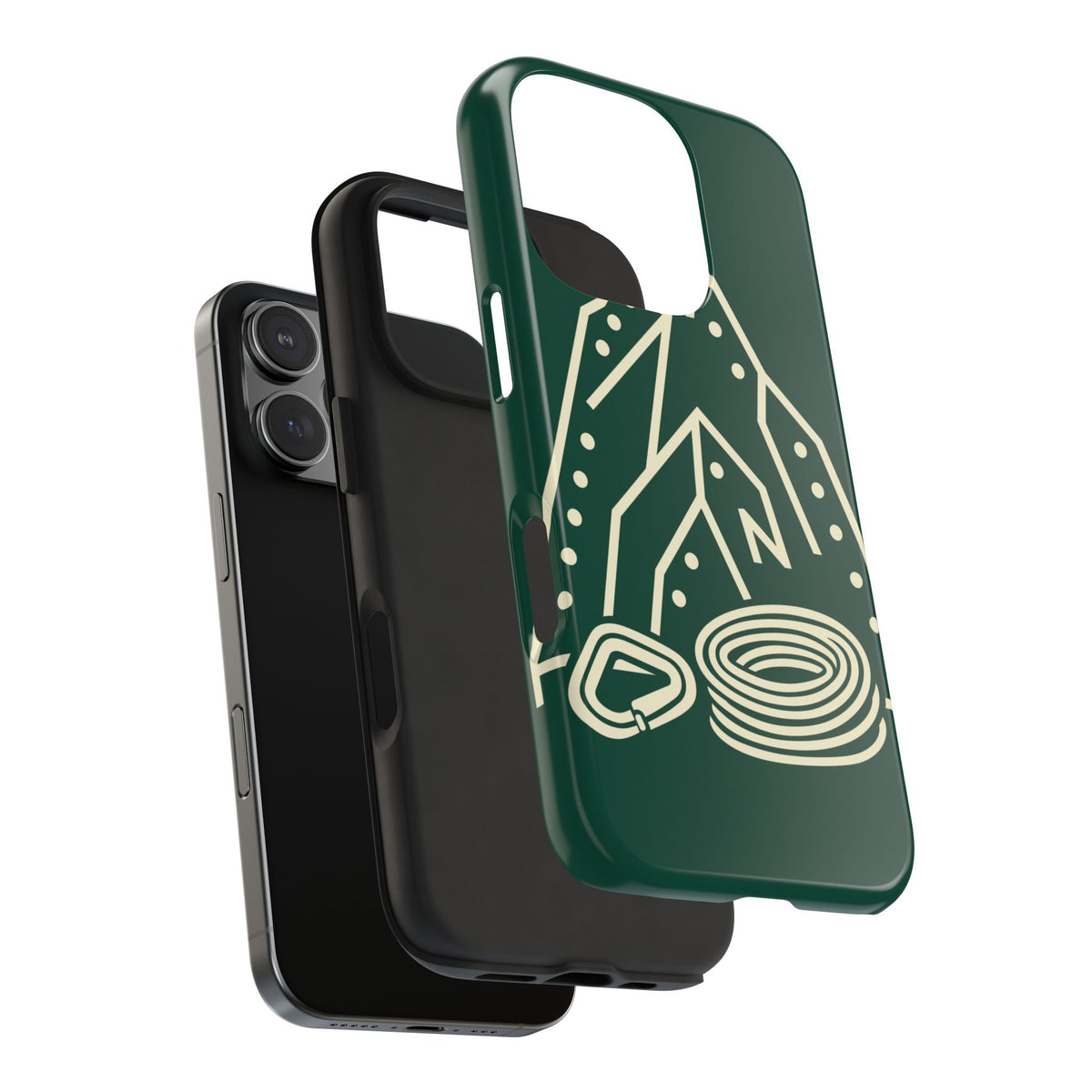 Tough phone case with cream line art of a mountain route, coiled rope and carabiner on forest green - view 31