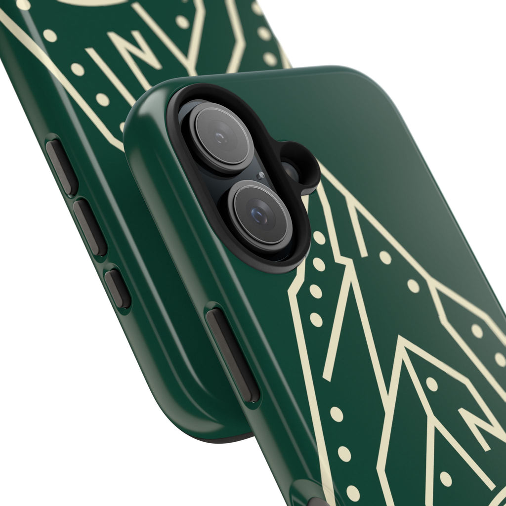 Tough phone case with cream line art of a mountain route, coiled rope and carabiner on forest green - view 34