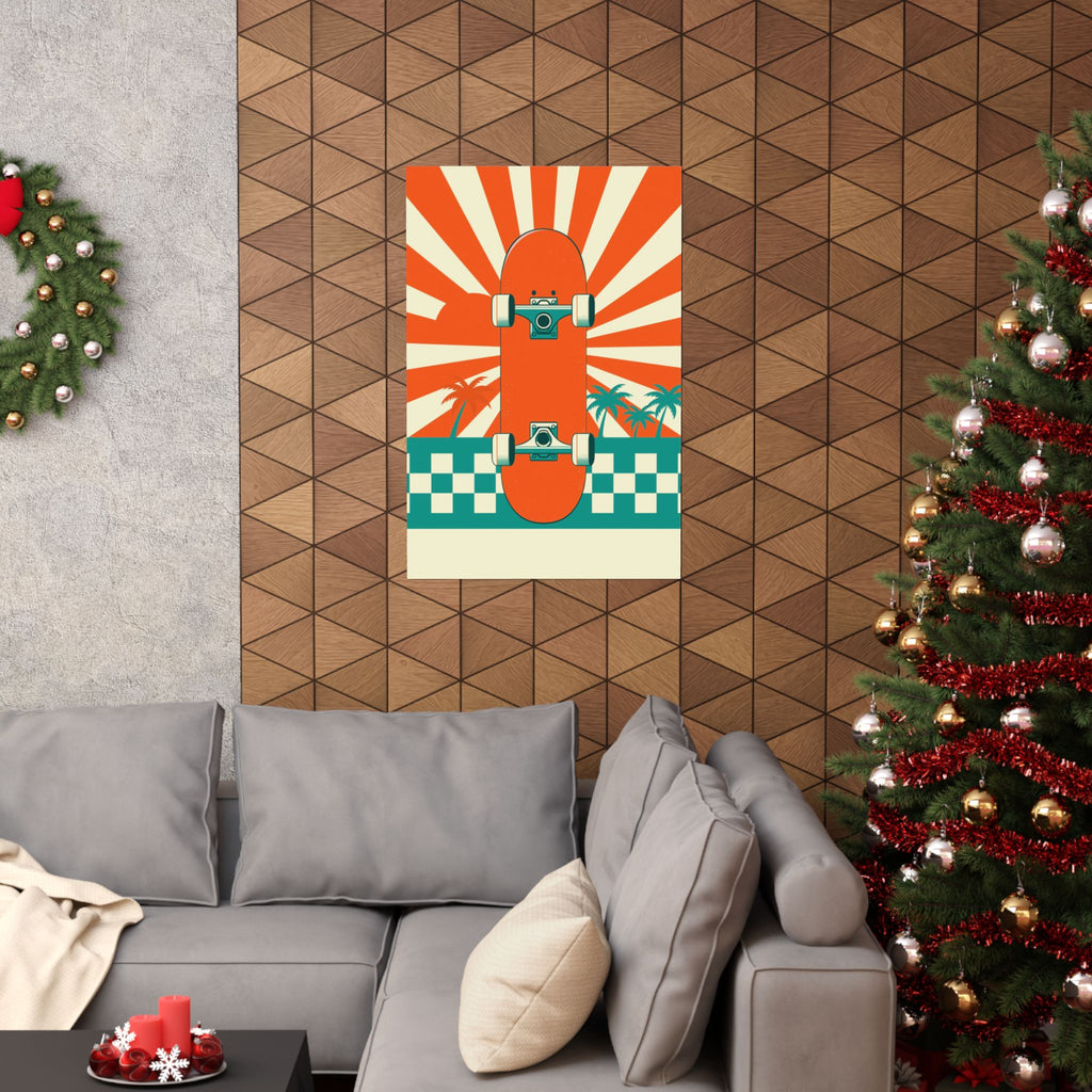Skateboard Poster - Retro Sunburst and Palms Wall Art Print