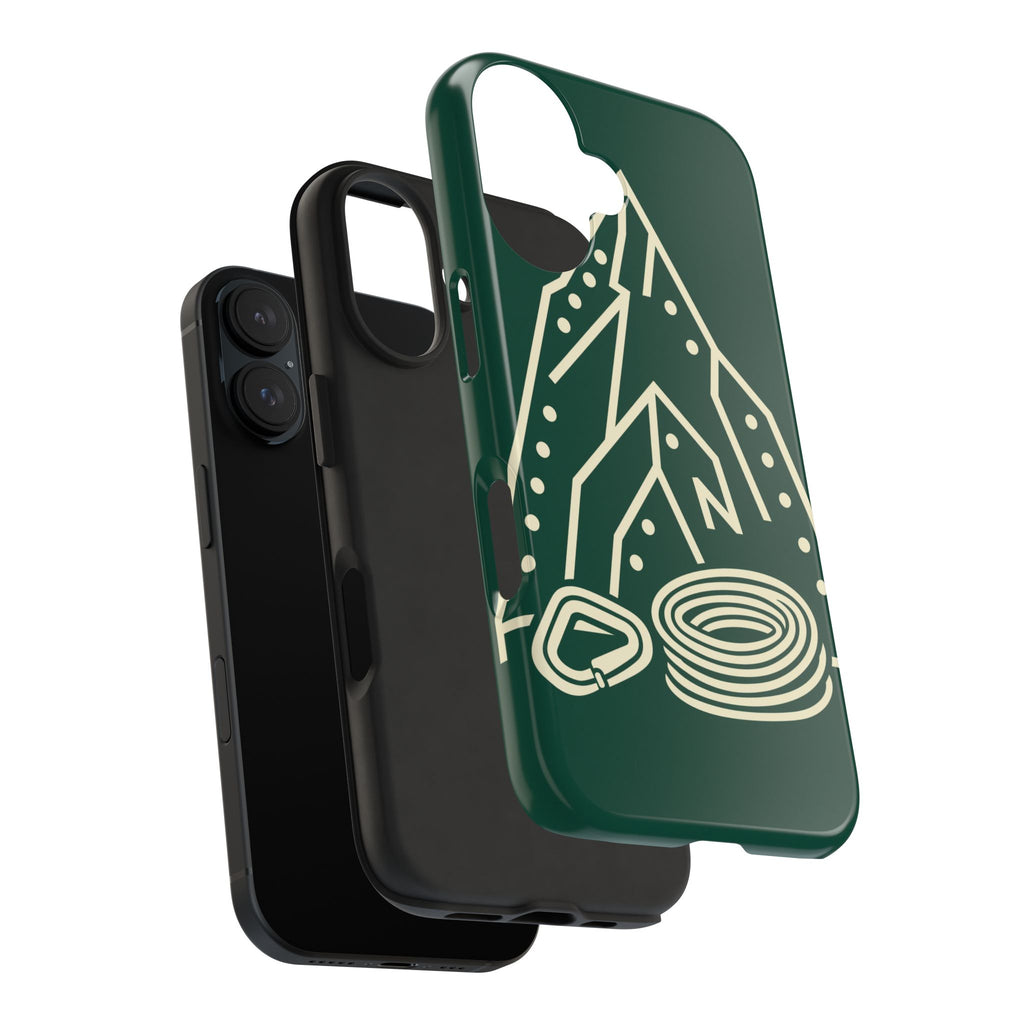 Tough phone case with cream line art of a mountain route, coiled rope and carabiner on forest green - view 35