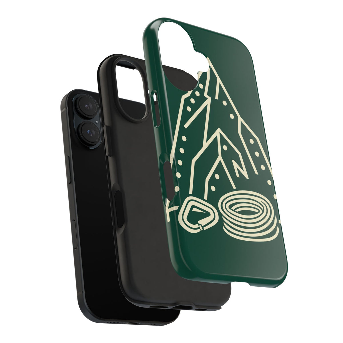 Tough phone case with cream line art of a mountain route, coiled rope and carabiner on forest green - view 35
